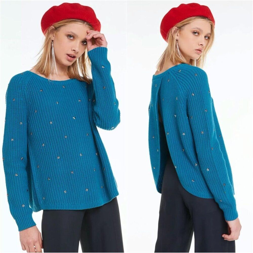 Wilfox Erika Blue Open Back Knit Beaming Star Stud Size Small NWT